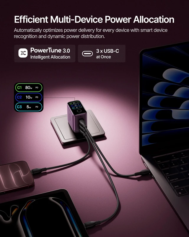 Alt view image 5 of 7 - PicoGo Pro AH22 100W USB C Charger Fast Charging with Smart Display 3 Port GaN Charger, Intelligent Charging, AVS Charger for MacBook, iPhone Duo, iPhone 18 Series, Dark Cherry (Cable Included)