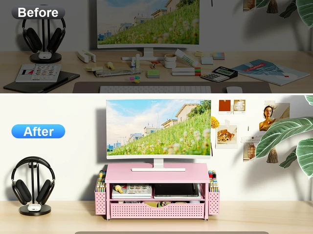 Alt view image 3 of 7 - Computer Monitor Stand with Drawer and 2 Pen Holders, Pink Double layer storage Computer Stand Monitor Riser Office Organization for Desk