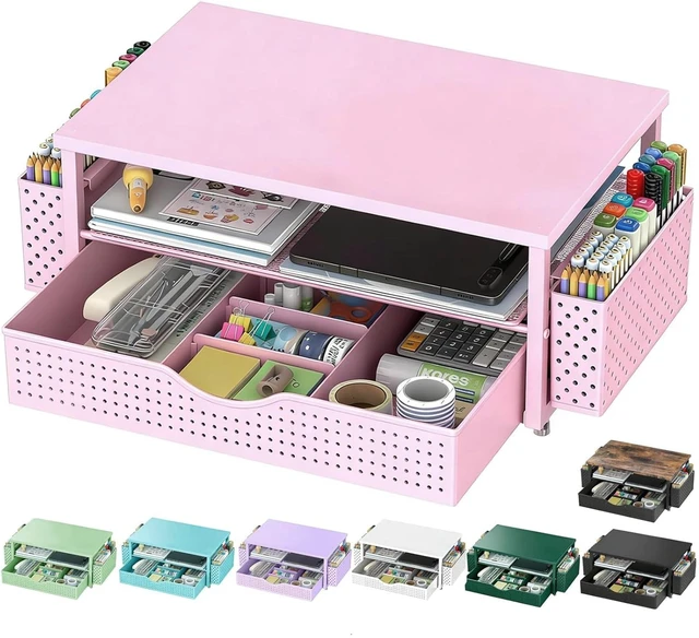 Main image of Computer Monitor Stand with Drawer and 2 Pen Holders, Pink Double layer storage Computer Stand Monitor Riser Office Organization for Desk