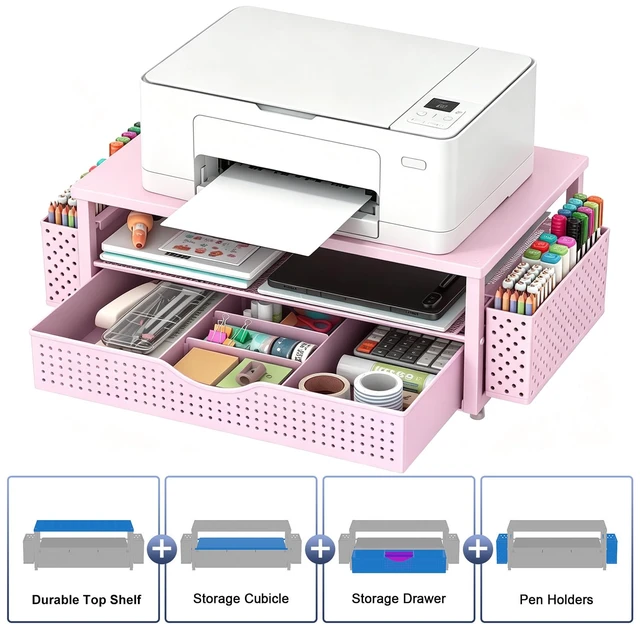 Alt view image 2 of 7 - Computer Monitor Stand with Drawer and 2 Pen Holders, Pink Double layer storage Computer Stand Monitor Riser Office Organization for Desk