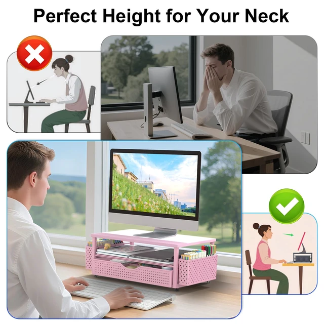 Alt view image 4 of 7 - Computer Monitor Stand with Drawer and 2 Pen Holders, Pink Double layer storage Computer Stand Monitor Riser Office Organization for Desk