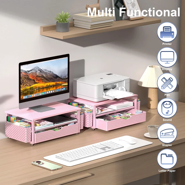 Alt view image 5 of 7 - Computer Monitor Stand with Drawer and 2 Pen Holders, Pink Double layer storage Computer Stand Monitor Riser Office Organization for Desk