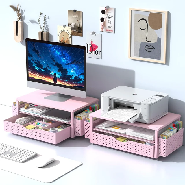 Alt view image 7 of 7 - Computer Monitor Stand with Drawer and 2 Pen Holders, Pink Double layer storage Computer Stand Monitor Riser Office Organization for Desk