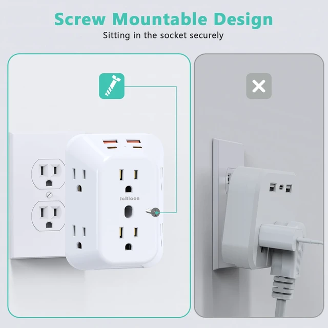 Alt view image 6 of 7 - 2 Pack Outlet Extender Surge Protector, 6 Outlet Splitter with 4 USB Ports (2 USB C), Multiple Plug Expander Wall Charger, 4 Sided 1050 J Multi Plug Wall Adapter Power Strip for Home Office Kitchen