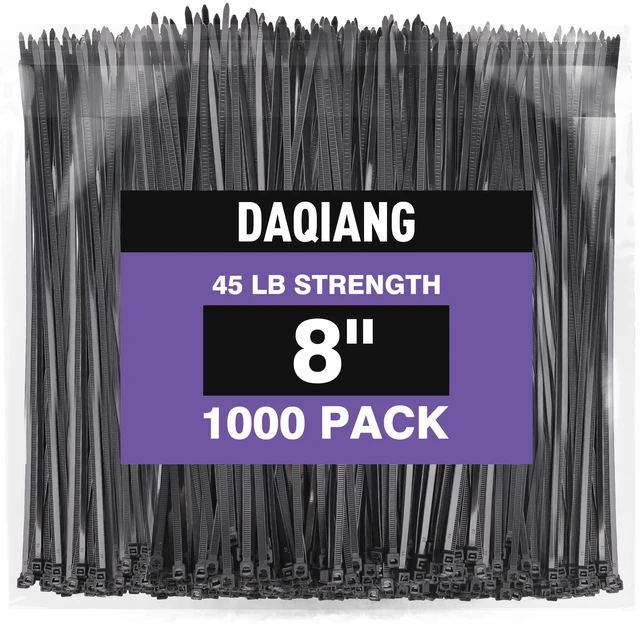 Main image of Black 8 Inch Zip Ties (1000 Pack), 45LBS Tensile Strength, UV Resistant Nylon Cable Ties for Indoor & Outdoor Cable Management. Self-Locking Wire Ties