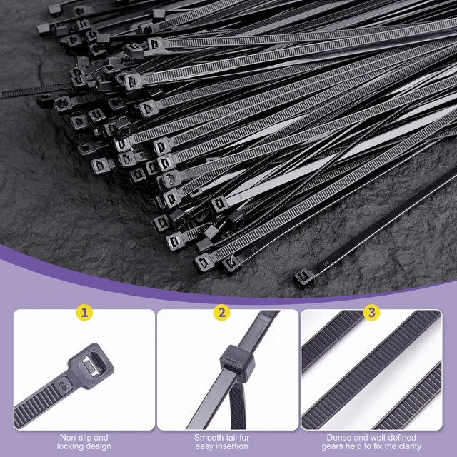 Alt view image 5 of 6 - Black 8 Inch Zip Ties (1000 Pack), 45LBS Tensile Strength, UV Resistant Nylon Cable Ties for Indoor & Outdoor Cable Management. Self-Locking Wire Ties