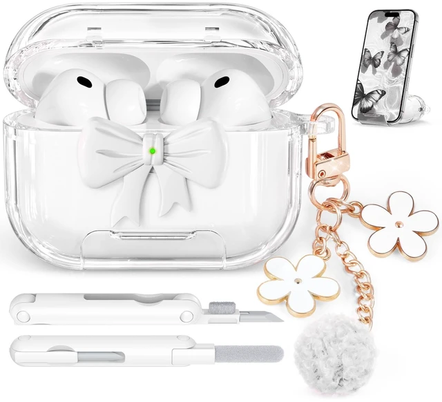 Main image of for AirPods Pro 3 Case Cover 2025-Clear White with Bow Safety Lock, As Phone Stand,with Floral Key Chain & Clean Pen,Support Wireless,Two-Piece Design for Women Girly