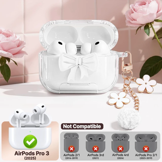 Alt view image 2 of 7 - for AirPods Pro 3 Case Cover 2025-Clear White with Bow Safety Lock, As Phone Stand,with Floral Key Chain & Clean Pen,Support Wireless,Two-Piece Design for Women Girly