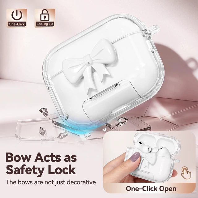 Alt view image 3 of 7 - for AirPods Pro 3 Case Cover 2025-Clear White with Bow Safety Lock, As Phone Stand,with Floral Key Chain & Clean Pen,Support Wireless,Two-Piece Design for Women Girly