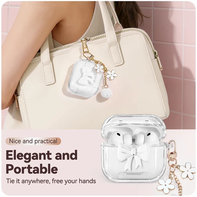Alt view image 5 of 7 - for AirPods Pro 3 Case Cover 2025-Clear White with Bow Safety Lock, As Phone Stand,with Floral Key Chain & Clean Pen,Support Wireless,Two-Piece Design for Women Girly