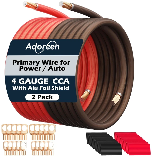 Main image of 4 Gauge AWG Power/Ground Wire Cable 20 Ft Black+20 Ft Red, High Power Shielded CCA Soft Automotive Welding Battery Wiring Kit,for Car Audio Amp Speaker RV Trailer Marine Solar+ Lugs&Heat Shrink Tubes