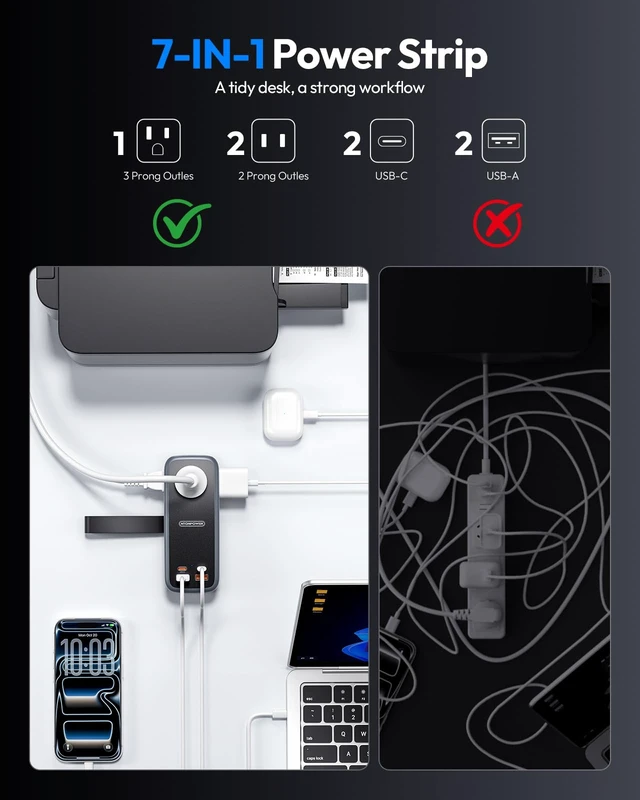 Alt view image 3 of 7 - 100W GAN Ultra Travel Power Strip, 7-in-1 USB C Charging Station with 3 Outlets 4 USB (2 Fast Charge)& 5FT Extension Cord, Compact Desktop Charger for MacBook, iPhone, Cruise, Office, Black