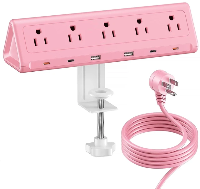 Main image of Pink Desk Clamp Power Strip with 6.5 FT Extension Cord, PD 40W USB-C Fast Charging Ports, 5 AC Outlets 4 USB-C 2 USB-A, Fits 2.1 inch Table Edges