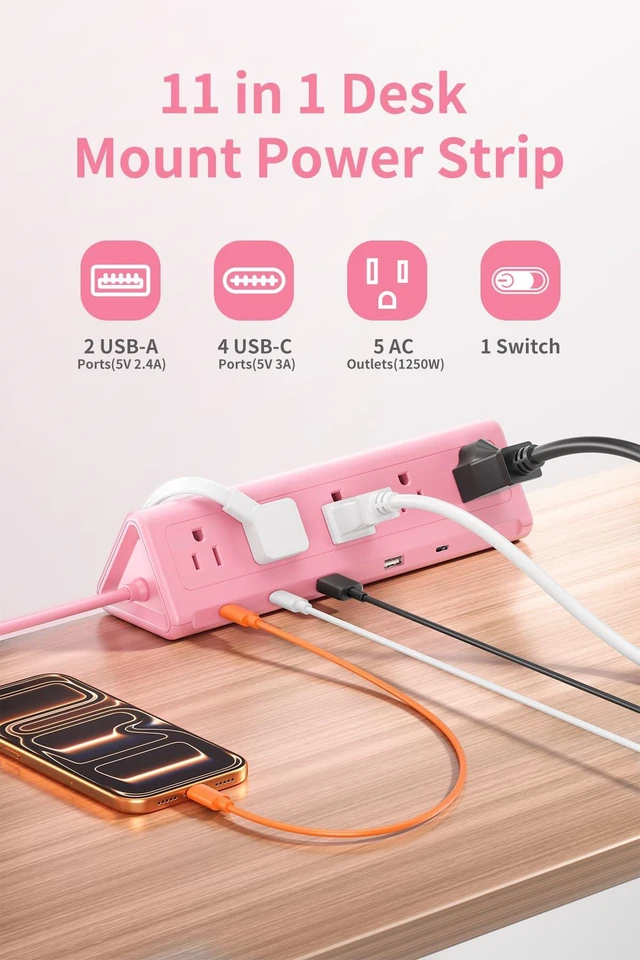 Alt view image 2 of 7 - Pink Desk Clamp Power Strip with 6.5 FT Extension Cord, PD 40W USB-C Fast Charging Ports, 5 AC Outlets 4 USB-C 2 USB-A, Fits 2.1 inch Table Edges