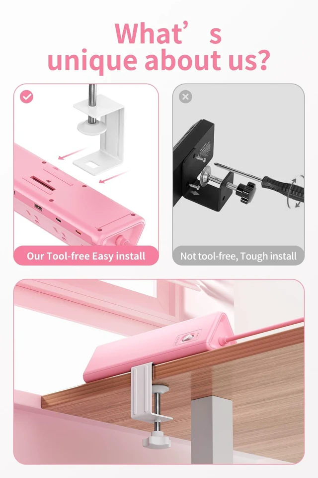 Alt view image 3 of 7 - Pink Desk Clamp Power Strip with 6.5 FT Extension Cord, PD 40W USB-C Fast Charging Ports, 5 AC Outlets 4 USB-C 2 USB-A, Fits 2.1 inch Table Edges