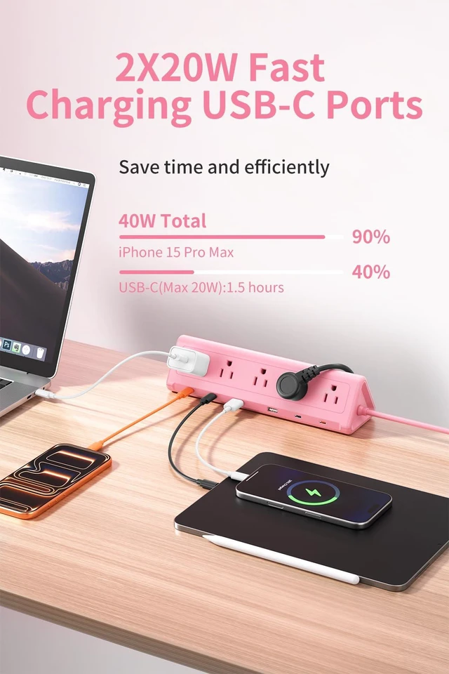 Alt view image 5 of 7 - Pink Desk Clamp Power Strip with 6.5 FT Extension Cord, PD 40W USB-C Fast Charging Ports, 5 AC Outlets 4 USB-C 2 USB-A, Fits 2.1 inch Table Edges