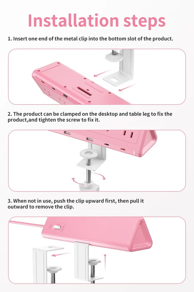 Alt view image 4 of 7 - Pink Desk Clamp Power Strip with 6.5 FT Extension Cord, PD 40W USB-C Fast Charging Ports, 5 AC Outlets 4 USB-C 2 USB-A, Fits 2.1 inch Table Edges