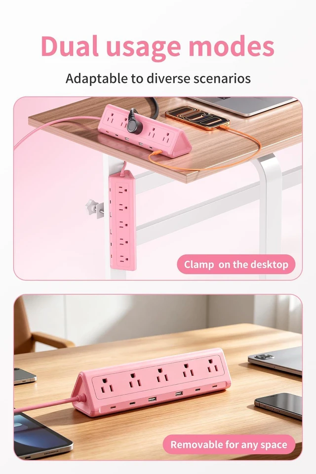 Alt view image 6 of 7 - Pink Desk Clamp Power Strip with 6.5 FT Extension Cord, PD 40W USB-C Fast Charging Ports, 5 AC Outlets 4 USB-C 2 USB-A, Fits 2.1 inch Table Edges
