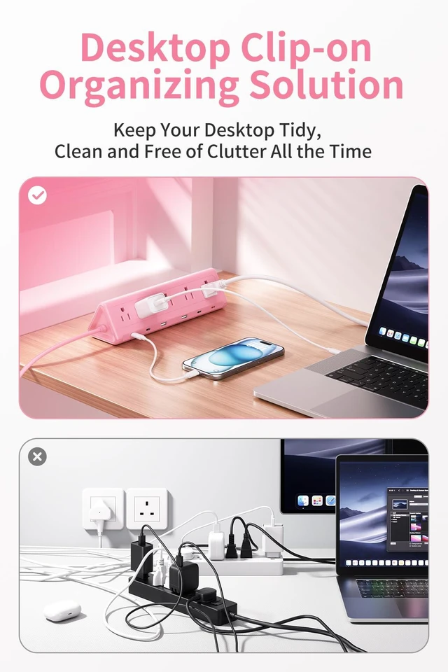 Alt view image 7 of 7 - Pink Desk Clamp Power Strip with 6.5 FT Extension Cord, PD 40W USB-C Fast Charging Ports, 5 AC Outlets 4 USB-C 2 USB-A, Fits 2.1 inch Table Edges