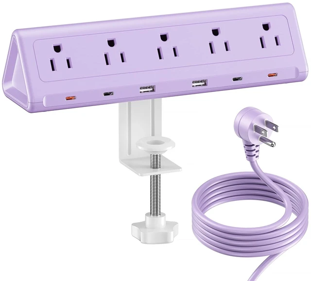 Main image of Purple Desk Clamp Power Strip with 6.5 FT Extension Cord, PD 40W USB-C Fast Charging Ports, 5 AC Outlets 4 USB-C 2 USB-A, Fits 2.1 inch Table Edges