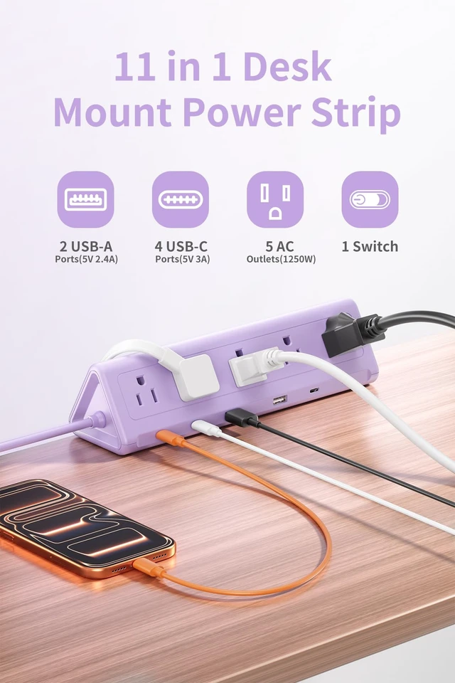 Alt view image 2 of 7 - Purple Desk Clamp Power Strip with 6.5 FT Extension Cord, PD 40W USB-C Fast Charging Ports, 5 AC Outlets 4 USB-C 2 USB-A, Fits 2.1 inch Table Edges