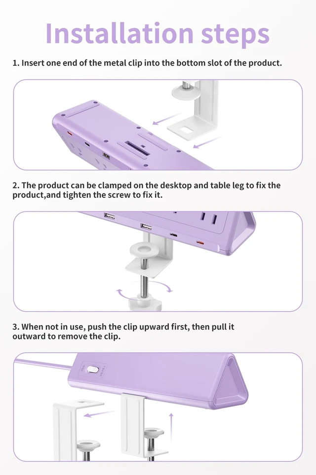 Alt view image 4 of 7 - Purple Desk Clamp Power Strip with 6.5 FT Extension Cord, PD 40W USB-C Fast Charging Ports, 5 AC Outlets 4 USB-C 2 USB-A, Fits 2.1 inch Table Edges