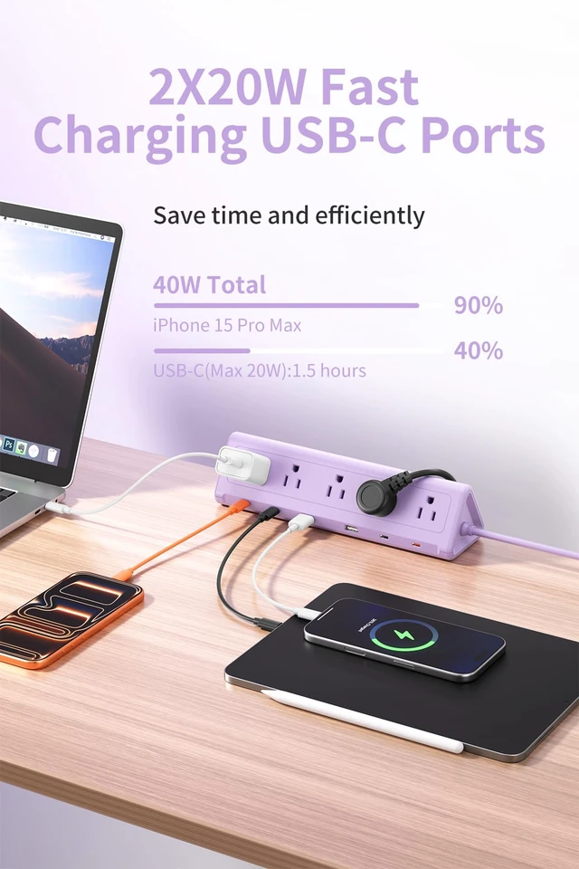 Alt view image 5 of 7 - Purple Desk Clamp Power Strip with 6.5 FT Extension Cord, PD 40W USB-C Fast Charging Ports, 5 AC Outlets 4 USB-C 2 USB-A, Fits 2.1 inch Table Edges