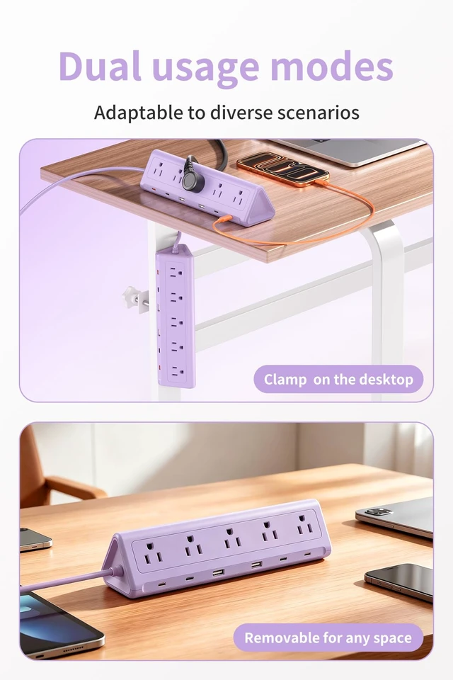 Alt view image 6 of 7 - Purple Desk Clamp Power Strip with 6.5 FT Extension Cord, PD 40W USB-C Fast Charging Ports, 5 AC Outlets 4 USB-C 2 USB-A, Fits 2.1 inch Table Edges