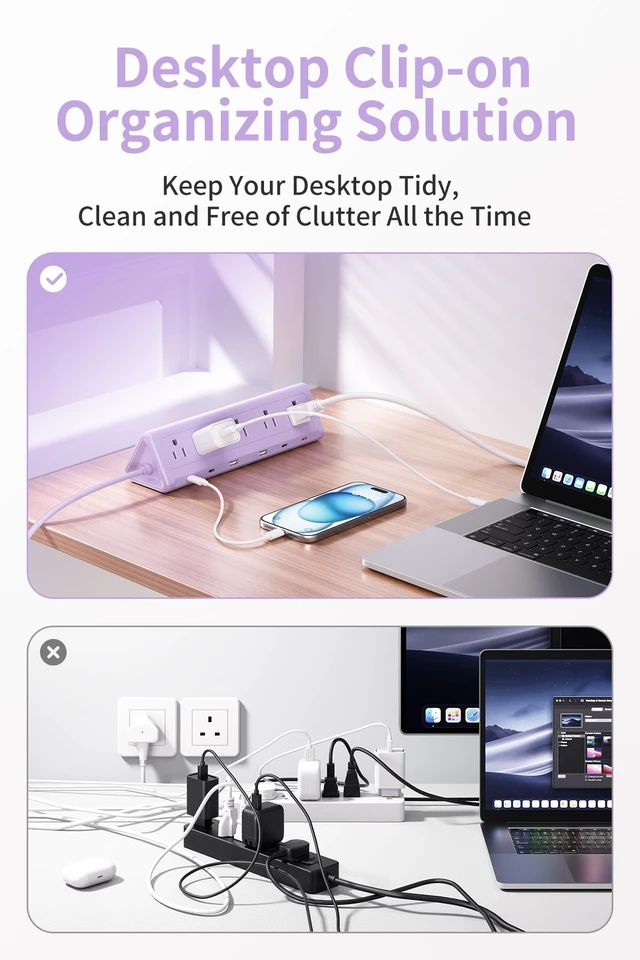 Alt view image 7 of 7 - Purple Desk Clamp Power Strip with 6.5 FT Extension Cord, PD 40W USB-C Fast Charging Ports, 5 AC Outlets 4 USB-C 2 USB-A, Fits 2.1 inch Table Edges