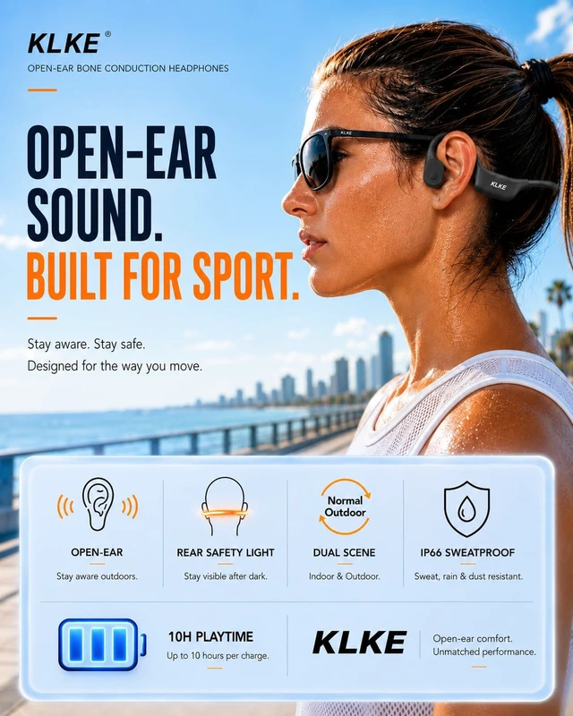 Alt view image 2 of 7 - Z3 Open-Ear Bone Conduction Headphones with Mic, Sports Headset Rear Safety Light, Dual Sound Modes, Adjustable Fit, IP66 Sweatproof, 10H Playtime Ideal for Cycling, Hiking & Outdoor Sports