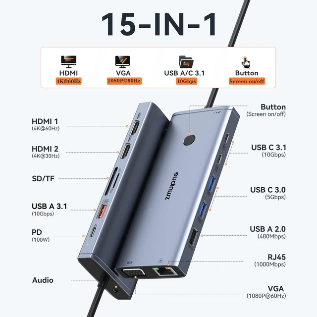 Alt view image 2 of 7 - USB C Docking Station Dual Monitor HDMI for Dell HP, Laptop Docking Station USB Type C Hub Multiport Adapter Dongle Thunderbolt 3 USB-C to 2 HDMI,Ethernet,VGA,4 USB,PD,SD/TF,Audio for Lenovo,Surface