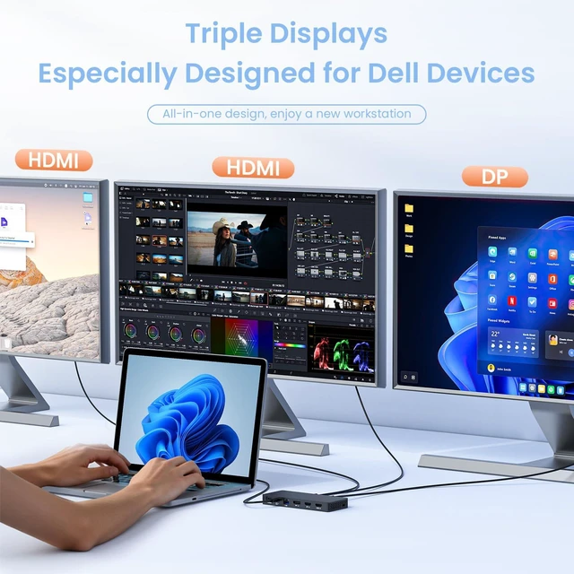 Alt view image 2 of 7 - New Dell Docking Station Triple Displays with Dual HDMI+DisplayPort with Power Adapter, 13 in 1 Dell Thunderbolt Dock for XPS, Inspiron, Latitude, Precision, Vostro,G/Alienware, etc