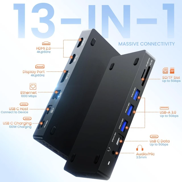 Alt view image 3 of 7 - New Dell Docking Station Triple Displays with Dual HDMI+DisplayPort with Power Adapter, 13 in 1 Dell Thunderbolt Dock for XPS, Inspiron, Latitude, Precision, Vostro,G/Alienware, etc