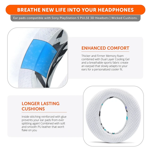 Alt view image 4 of 7 - Freeze Pulse 3D - Cooling Gel Earpads for Sony PS5 Pulse 3D Made by Wicked Cushions Thicker Cushion & Wider Opening 90's White