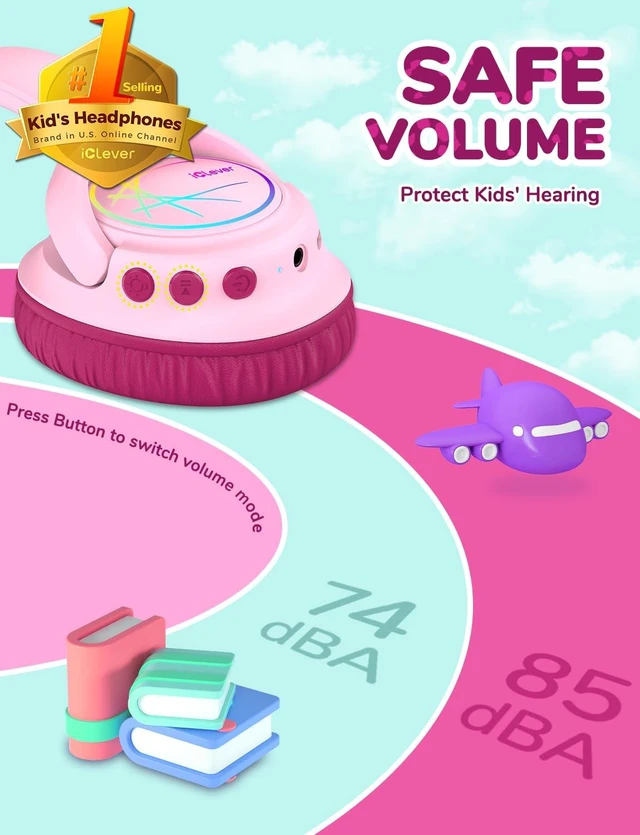 Alt view image 2 of 7 - BTH18 Kids Bluetooth Headphones LED Lights for Toddler Boys Girls SafeSound Tech, 43H Playtime Stereo Sound, USB C Charging AUX Cable, Over Ear Kids Headphones Wireless for iPad/Tablet/Travel