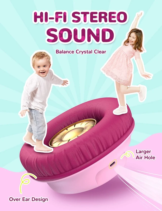 Alt view image 3 of 7 - BTH18 Kids Bluetooth Headphones LED Lights for Toddler Boys Girls SafeSound Tech, 43H Playtime Stereo Sound, USB C Charging AUX Cable, Over Ear Kids Headphones Wireless for iPad/Tablet/Travel