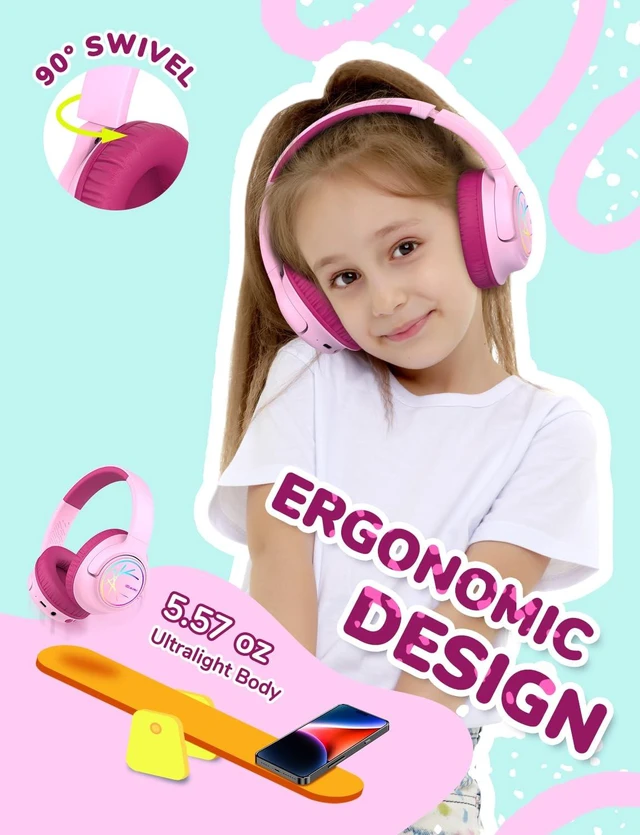 Alt view image 5 of 7 - BTH18 Kids Bluetooth Headphones LED Lights for Toddler Boys Girls SafeSound Tech, 43H Playtime Stereo Sound, USB C Charging AUX Cable, Over Ear Kids Headphones Wireless for iPad/Tablet/Travel