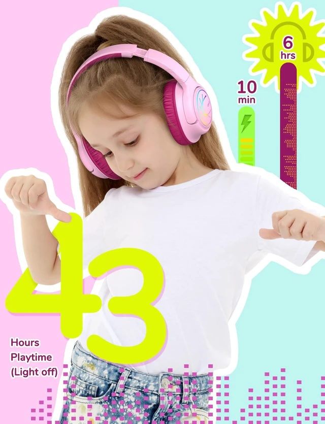 Alt view image 4 of 7 - BTH18 Kids Bluetooth Headphones LED Lights for Toddler Boys Girls SafeSound Tech, 43H Playtime Stereo Sound, USB C Charging AUX Cable, Over Ear Kids Headphones Wireless for iPad/Tablet/Travel