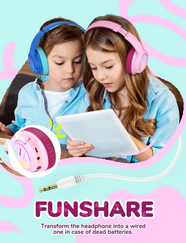 Alt view image 7 of 7 - BTH18 Kids Bluetooth Headphones LED Lights for Toddler Boys Girls SafeSound Tech, 43H Playtime Stereo Sound, USB C Charging AUX Cable, Over Ear Kids Headphones Wireless for iPad/Tablet/Travel