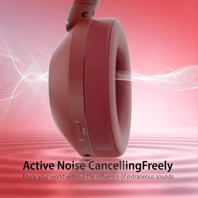 Alt view image 2 of 7 - Active Noise Cancelling Headphones, 100H Bluetooth Headphones Wireless Headphone with Microphone, Over Ear Headphones Wireless with Deep Bass, Fast Charging for Travel, Work, Study-Red