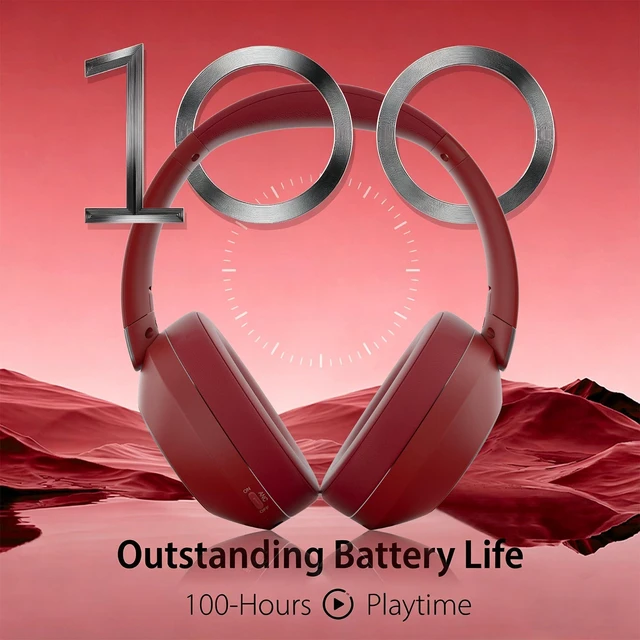 Alt view image 4 of 7 - Active Noise Cancelling Headphones, 100H Bluetooth Headphones Wireless Headphone with Microphone, Over Ear Headphones Wireless with Deep Bass, Fast Charging for Travel, Work, Study-Red