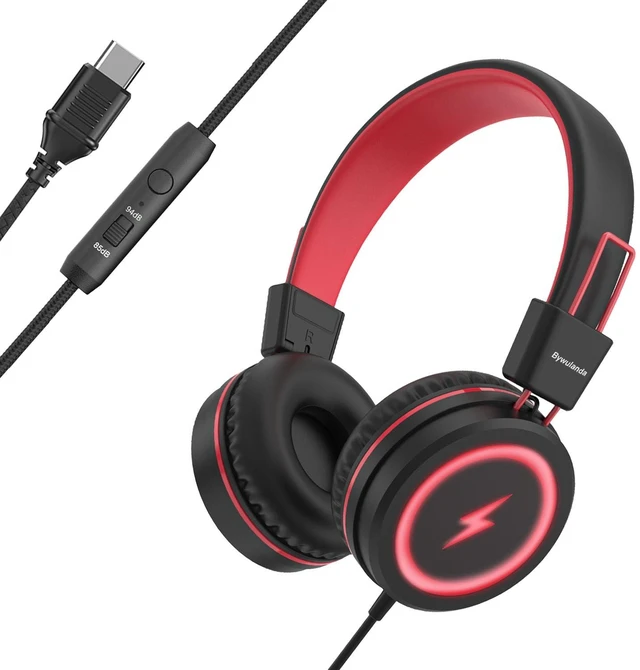 Main image of Kids Headphones with LED Lights, USB Type C Headphones for School 85/94dB Volume Limit, On Ear Headphones with Microphone, Wired Foldable, Stereo Sound, for iPad/Tablet/Travel/Gift, Black