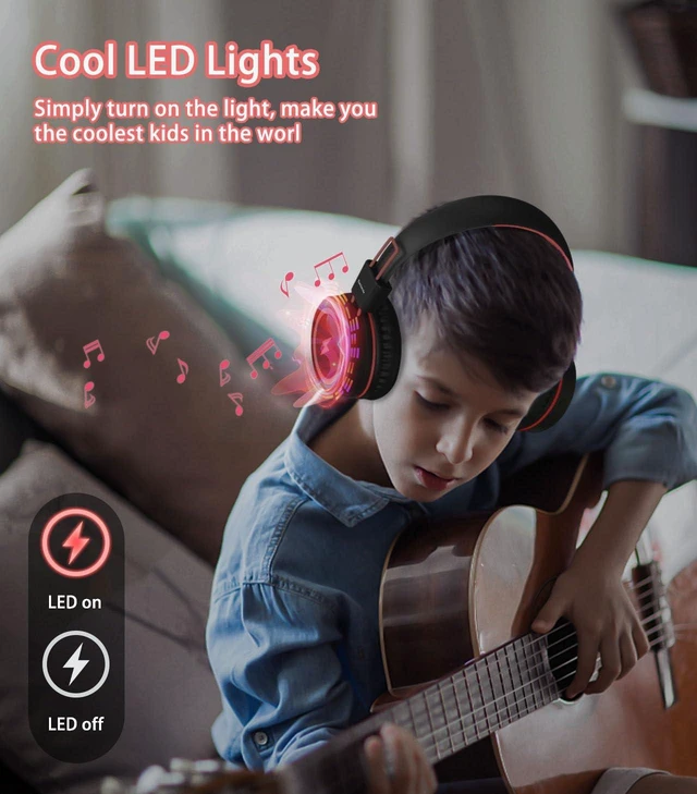 Alt view image 3 of 7 - Kids Headphones with LED Lights, USB Type C Headphones for School 85/94dB Volume Limit, On Ear Headphones with Microphone, Wired Foldable, Stereo Sound, for iPad/Tablet/Travel/Gift, Black