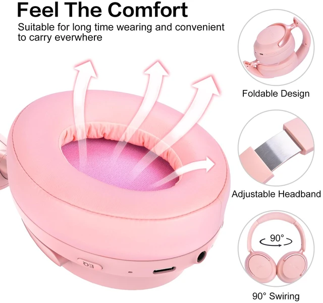 Alt view image 3 of 7 - B8 Bluetooth Headphones Over Ear, 6 EQ Music Modes and 50H Playtime Deep Bass Wireless Headphones with Mic, Lightweight Folding HiFi Stereo Headset for iPad/Travel/Tablet/PC/Home Pink