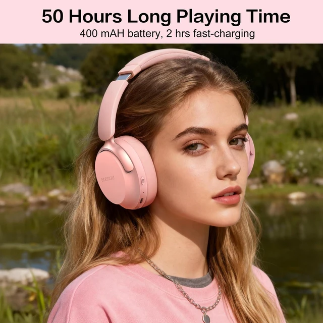 Alt view image 6 of 7 - B8 Bluetooth Headphones Over Ear, 6 EQ Music Modes and 50H Playtime Deep Bass Wireless Headphones with Mic, Lightweight Folding HiFi Stereo Headset for iPad/Travel/Tablet/PC/Home Pink
