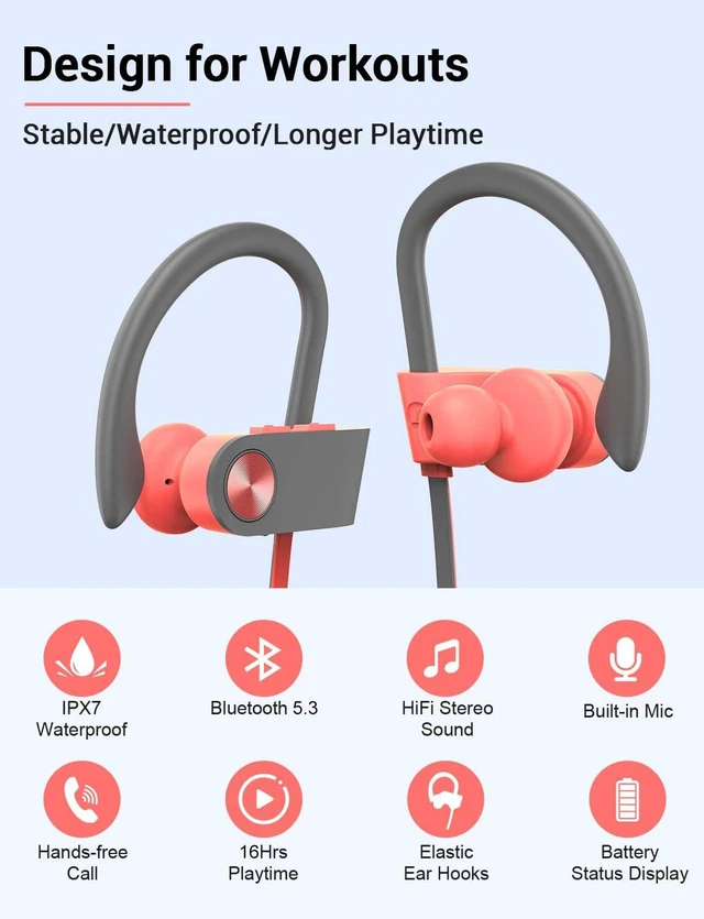 Alt view image 2 of 7 - Bluetooth 5.3 Headphones, Wireless Sports In-Ear Earbuds IPX7 Waterproof 16 Hours Playtime, Sweatproof Stereo Earphones with MIC, Noise Cancelling Headsets for Gym Running Workout, Clear Sound