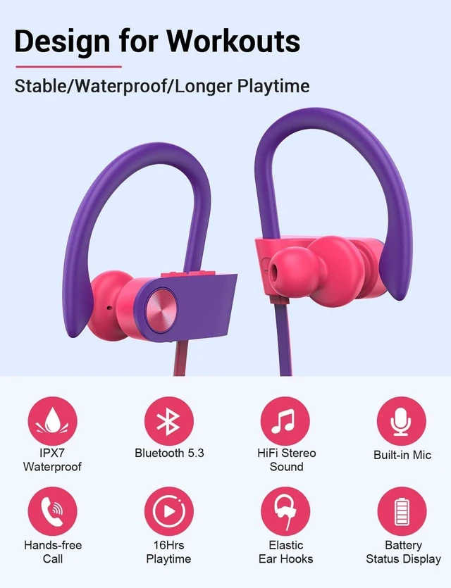 Alt view image 2 of 7 - Bluetooth 5.3 Headphones, Wireless Sports In-Ear Earbuds IPX7 Waterproof 16 Hours Playtime, Sweatproof Stereo Earphones with MIC, Noise Cancelling Headsets for Gym Running Workout, Clear Sound