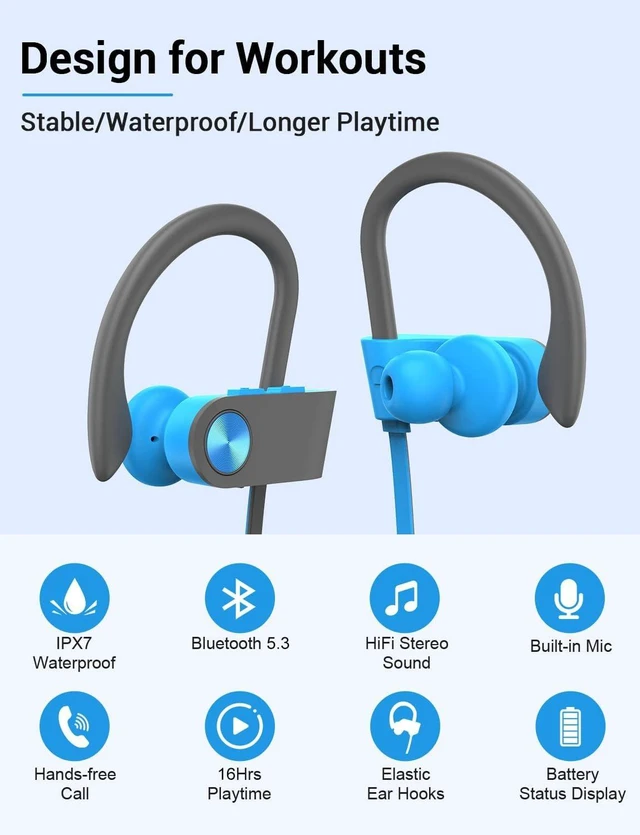 Alt view image 2 of 7 - Bluetooth 5.3 Headphones, Wireless Sports In-Ear Earbuds IPX7 Waterproof 16 Hours Playtime, Sweatproof Stereo Earphones with MIC, Noise Cancelling Headsets for Gym Running Workout, Clear Sound