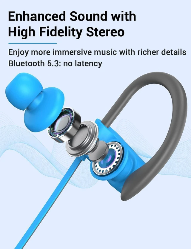 Alt view image 3 of 7 - Bluetooth 5.3 Headphones, Wireless Sports In-Ear Earbuds IPX7 Waterproof 16 Hours Playtime, Sweatproof Stereo Earphones with MIC, Noise Cancelling Headsets for Gym Running Workout, Clear Sound