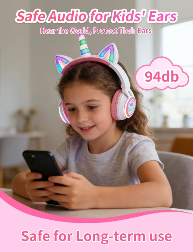 Alt view image 3 of 7 - Unicorn Headphones for Girls, Kids Bluetooth Wireless, White 7 Colour Flash Light, 93dB Volume Limited, Toddlers Tablet/iPad/ Fire, Birthday Gifts